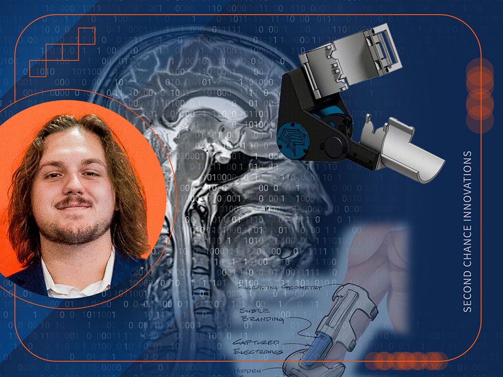 Second Chance Innovations team lead Xavier Chick with images associated with his startup tech such as a brain scan and images of their prototype product