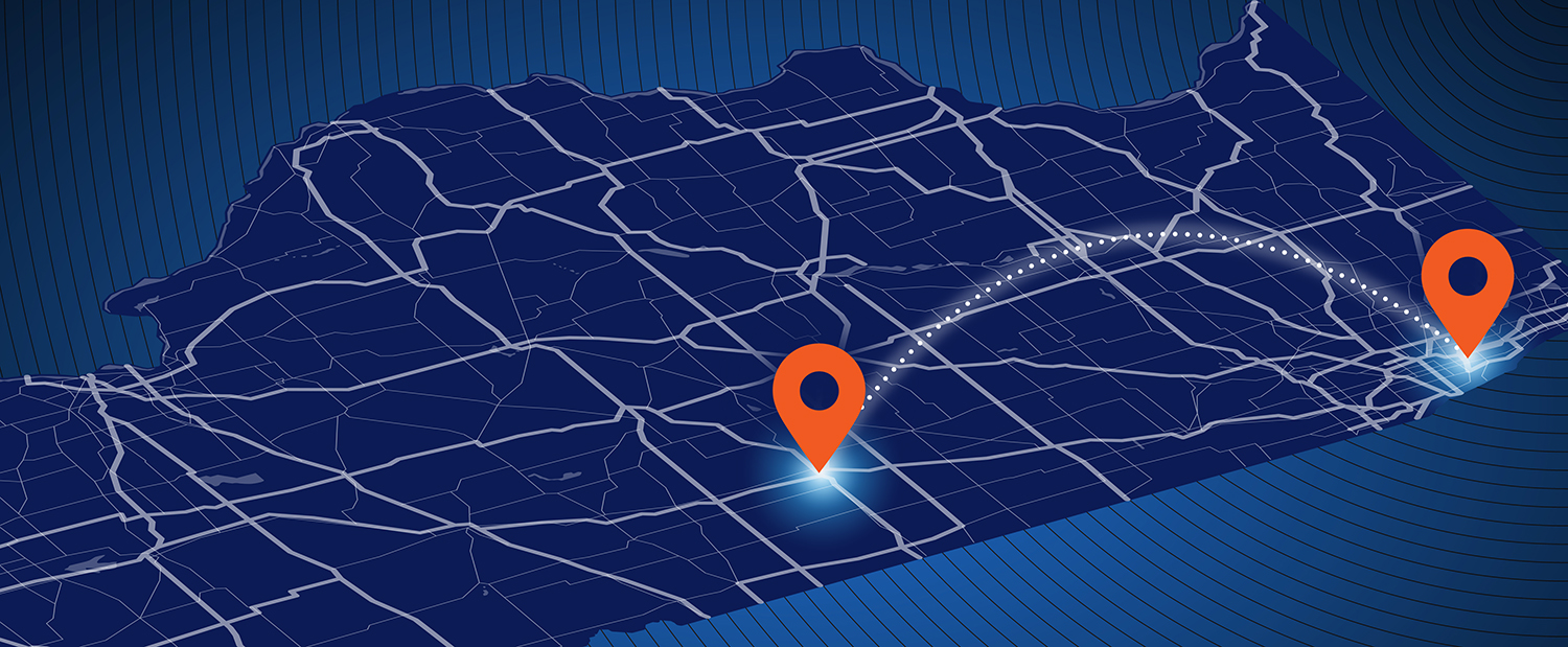 Illustration of map of Illinois showing map markers and connection between Champaign-Urbana and Chicago