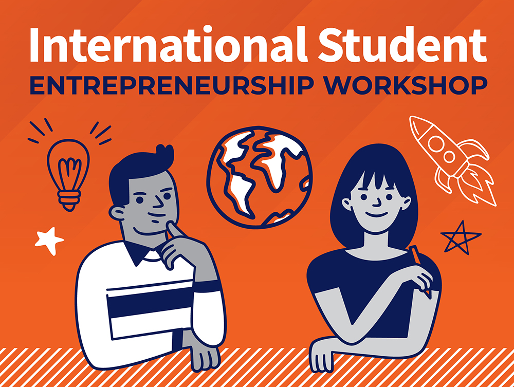 illustration of two students with text &amp;quot;International Student Entrepreneurship Workshop&amp;quot;